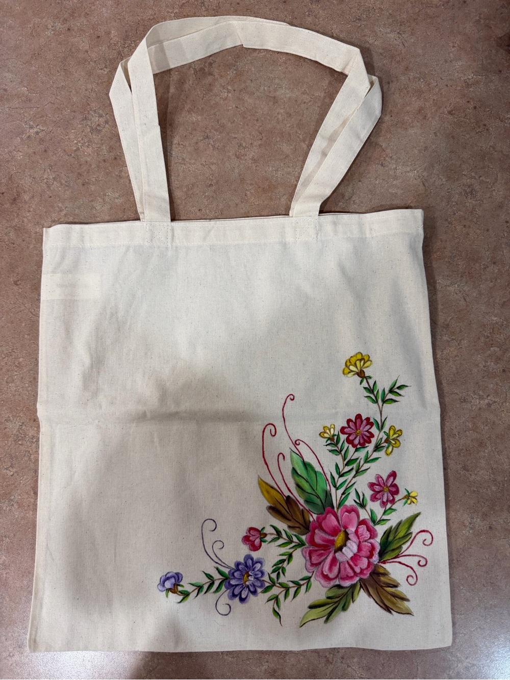 Hand-Painted Cream Canvas Tote with Pink Floral Design